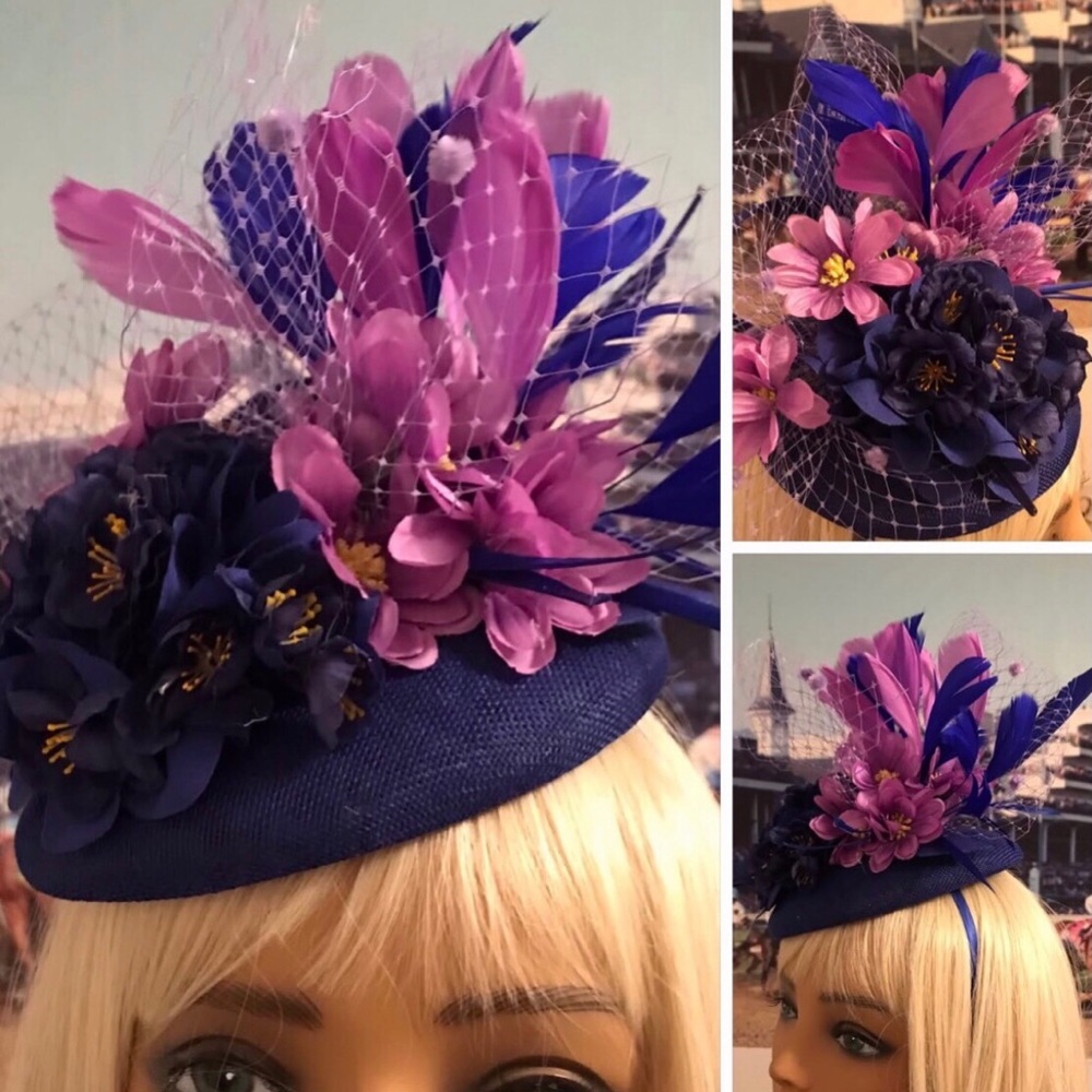 Navy and Pink Floral Feather Fascinator Headpiece